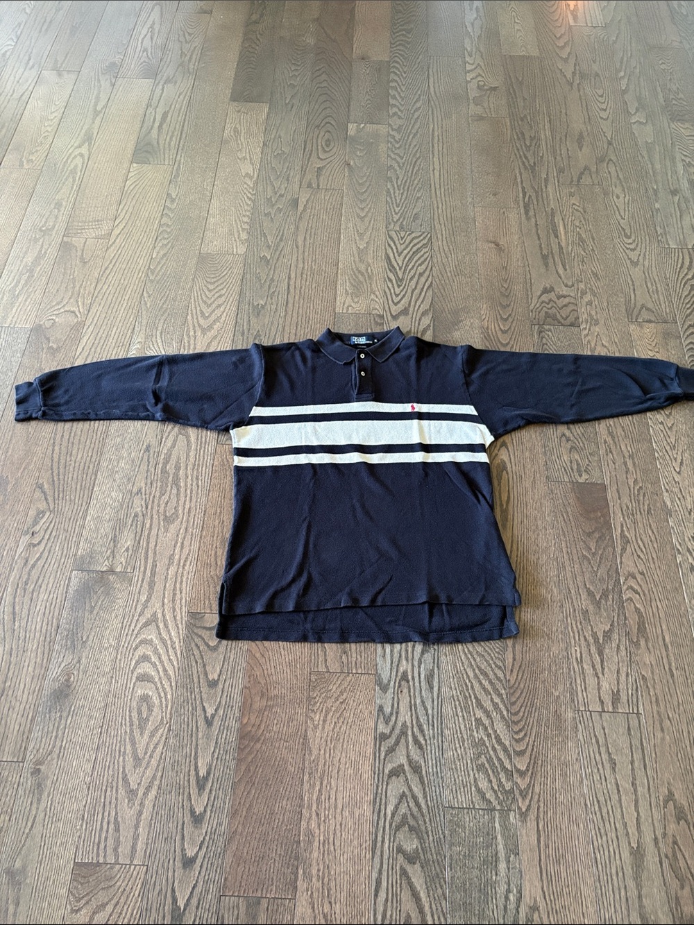 Polo by Ralph Lauren Navy 2 button Up Sweater with White Stripes %100 cotton